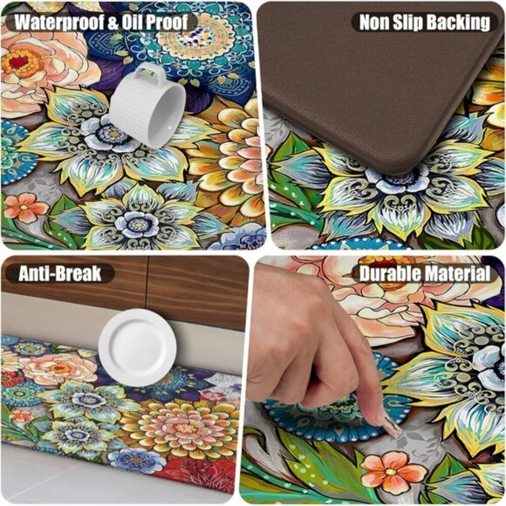 New 2PCS Floral Kitchen Rugs, Non-Slip Cushioned Anti-Fatigue Floor Mats - Picture 5 of 8